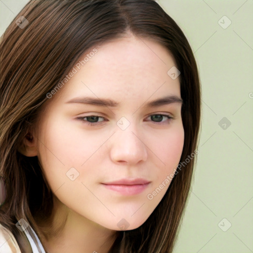 Neutral white young-adult female with long  brown hair and brown eyes