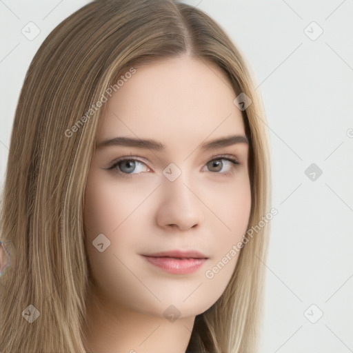 Neutral white young-adult female with long  brown hair and brown eyes