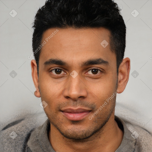 Neutral latino young-adult male with short  black hair and brown eyes