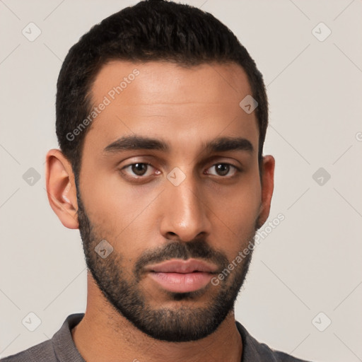 Neutral latino young-adult male with short  black hair and brown eyes