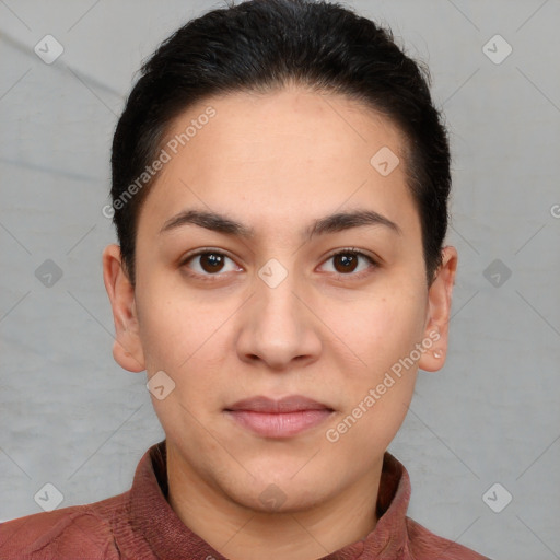 Joyful white young-adult female with short  brown hair and brown eyes