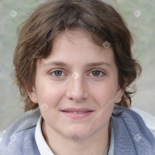 Joyful white child female with medium  brown hair and blue eyes