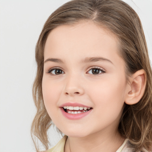 Joyful white child female with medium  brown hair and brown eyes