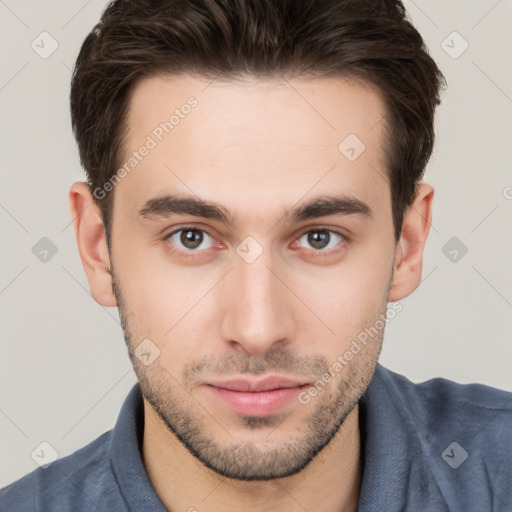 Neutral white young-adult male with short  brown hair and brown eyes