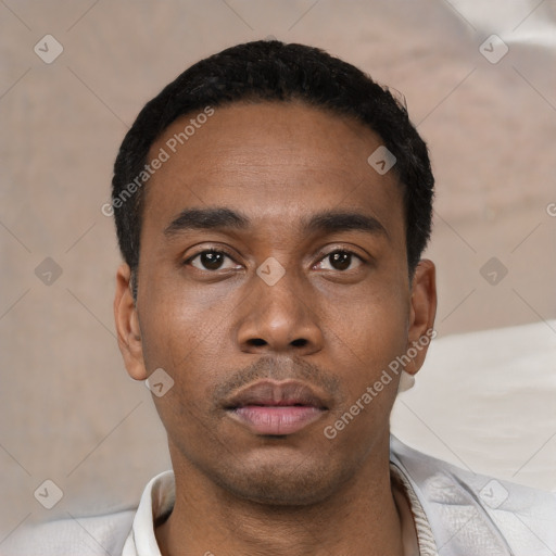 Neutral black young-adult male with short  black hair and brown eyes