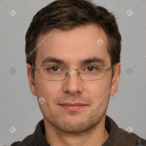 Neutral white adult male with short  brown hair and brown eyes