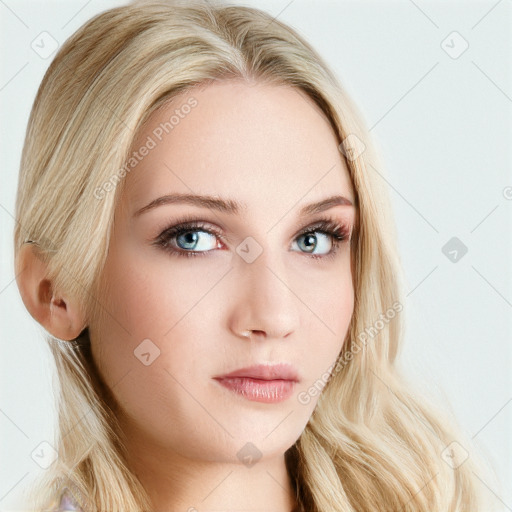 Neutral white young-adult female with long  blond hair and blue eyes