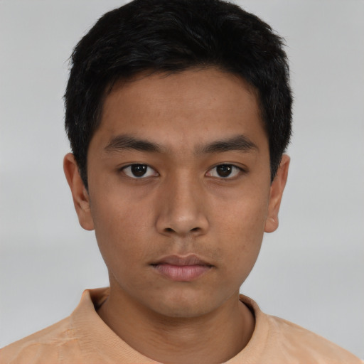 Neutral asian young-adult male with short  black hair and brown eyes
