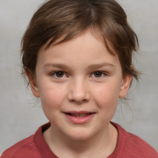 Joyful white child female with medium  brown hair and brown eyes