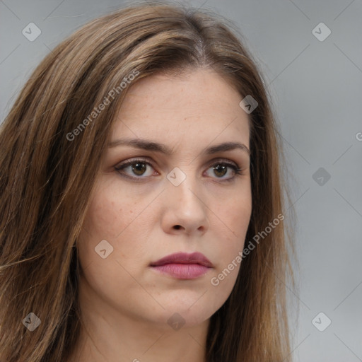 Neutral white young-adult female with long  brown hair and brown eyes