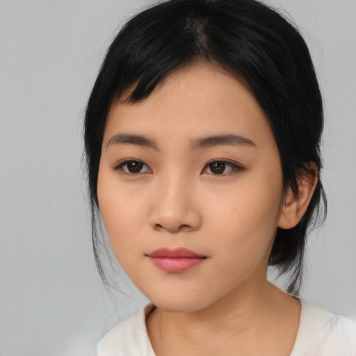 Neutral asian young-adult female with medium  black hair and brown eyes