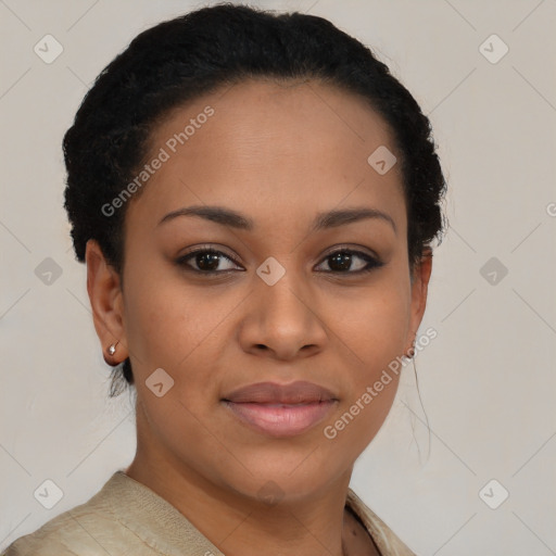Joyful latino young-adult female with short  brown hair and brown eyes