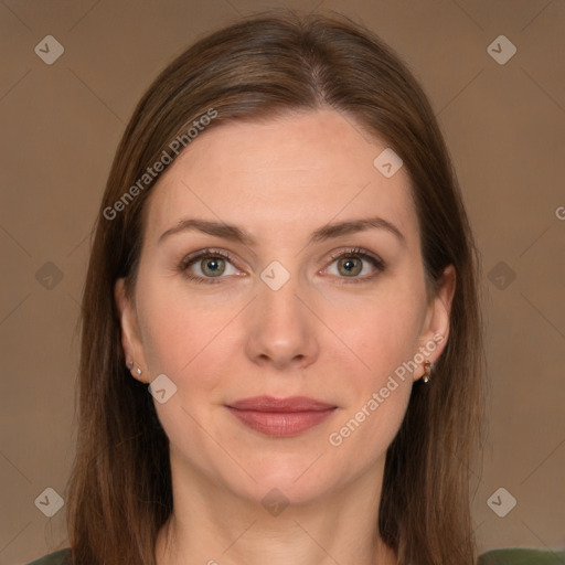 Joyful white young-adult female with long  brown hair and green eyes