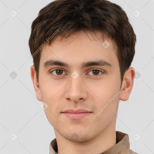 Neutral white young-adult male with short  brown hair and brown eyes