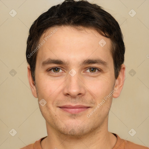 Joyful white young-adult male with short  brown hair and brown eyes