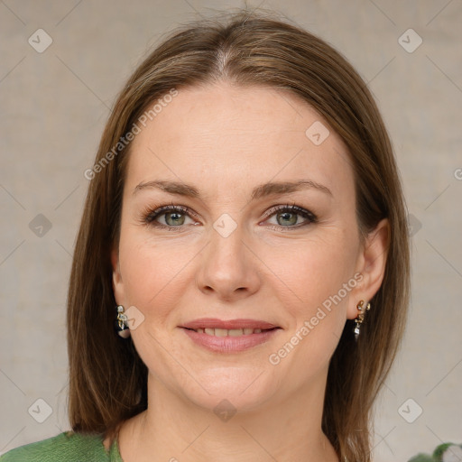 Joyful white young-adult female with medium  brown hair and green eyes