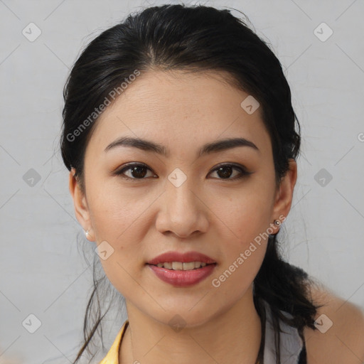 Joyful white young-adult female with medium  black hair and brown eyes