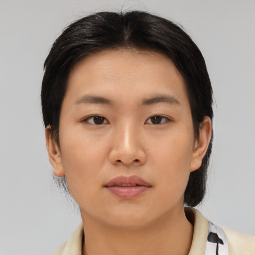 Neutral asian young-adult female with short  black hair and brown eyes
