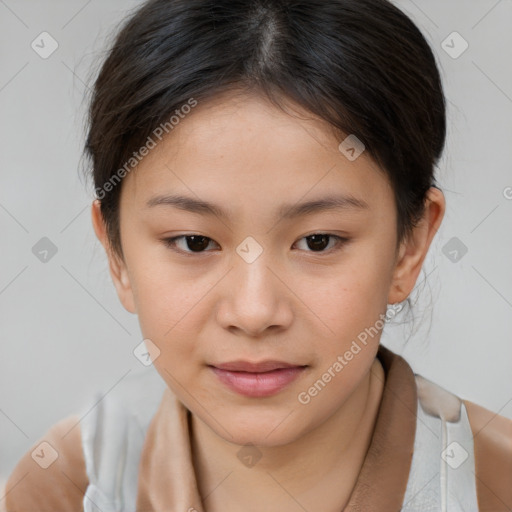 Joyful white child female with medium  brown hair and brown eyes