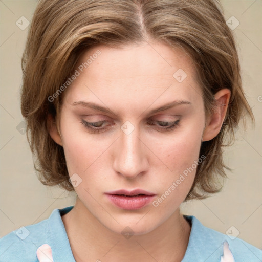 Neutral white young-adult female with medium  brown hair and blue eyes