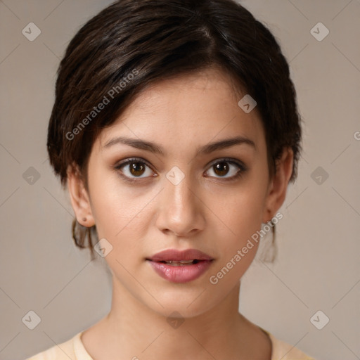 Neutral white young-adult female with medium  brown hair and brown eyes