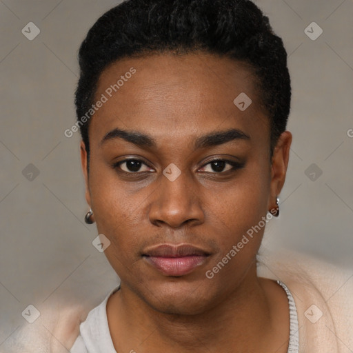 Neutral black young-adult female with short  black hair and brown eyes