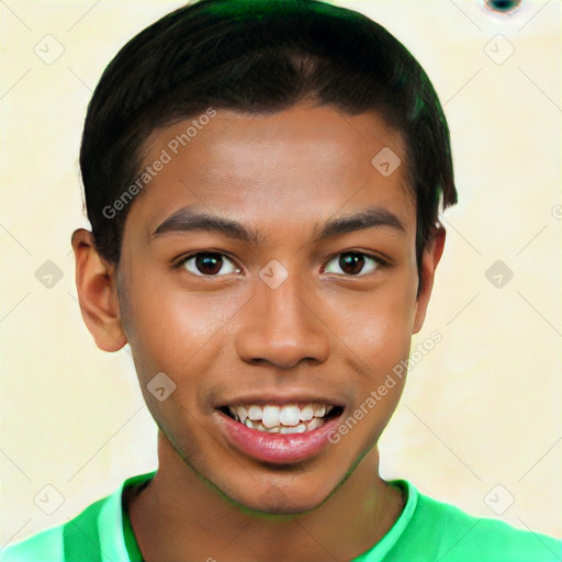 Joyful latino young-adult male with short  brown hair and brown eyes