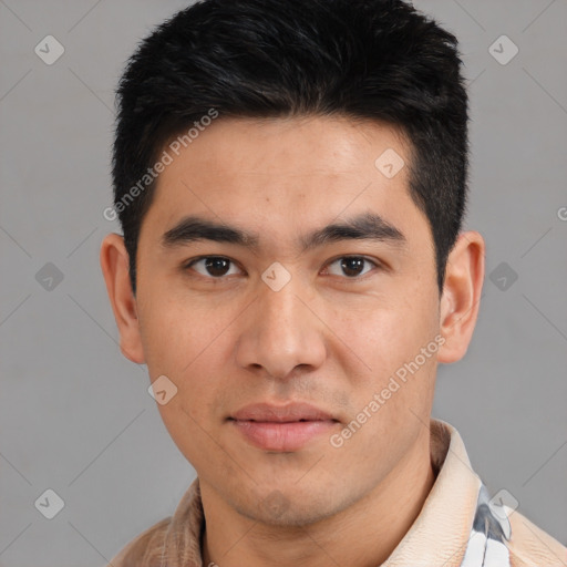 Neutral asian young-adult male with short  black hair and brown eyes