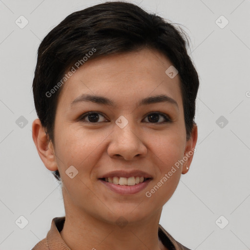 Joyful white young-adult female with short  brown hair and brown eyes