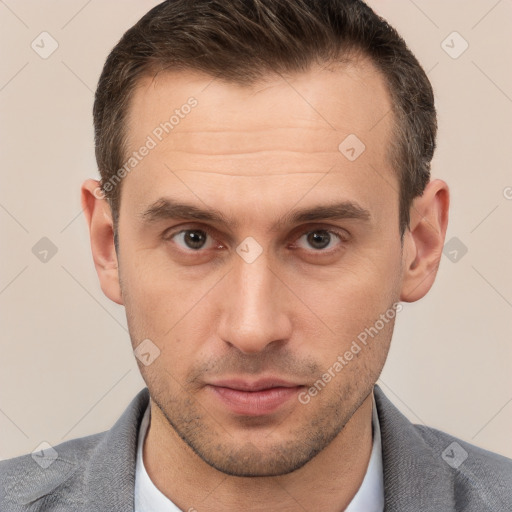 Neutral white young-adult male with short  brown hair and brown eyes