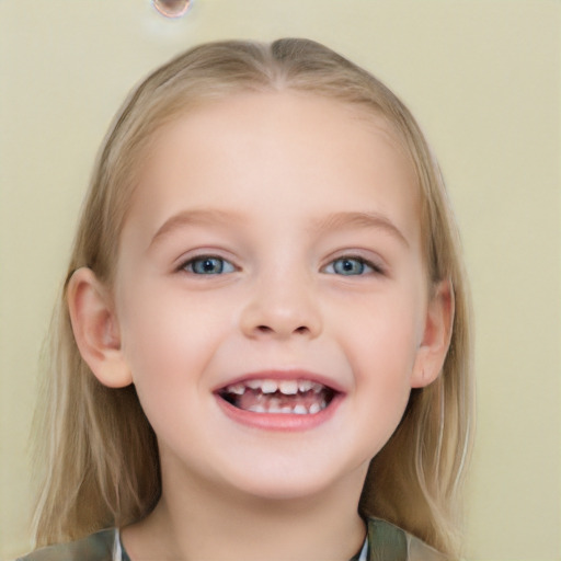 Joyful white child female with medium  brown hair and blue eyes