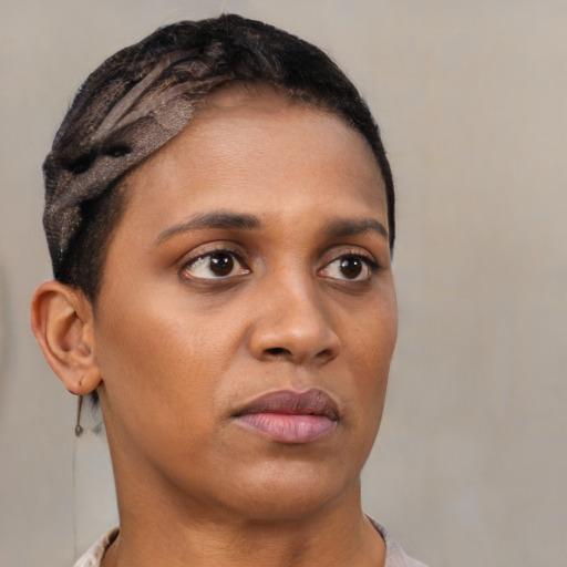 Neutral black young-adult female with short  brown hair and brown eyes
