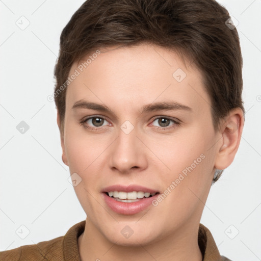 Joyful white young-adult female with short  brown hair and brown eyes