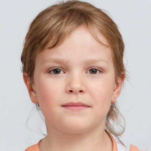 Neutral white child female with medium  brown hair and blue eyes