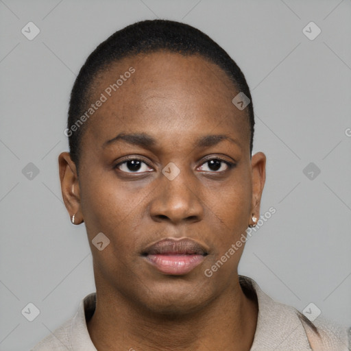 Neutral black young-adult female with short  black hair and brown eyes