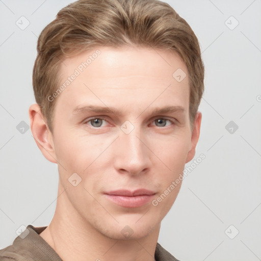 Neutral white young-adult male with short  brown hair and grey eyes