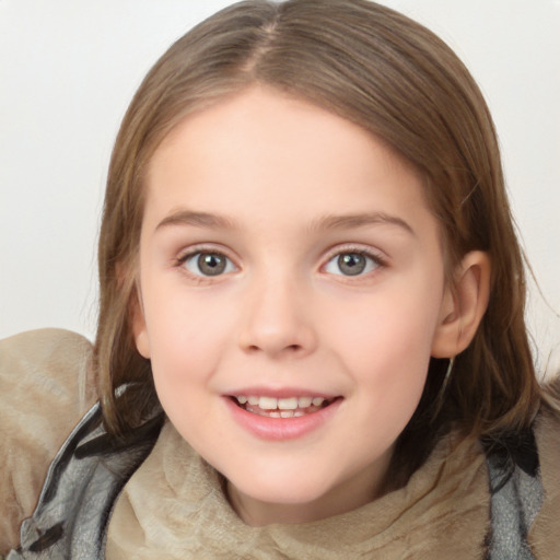 Joyful white child female with medium  brown hair and brown eyes