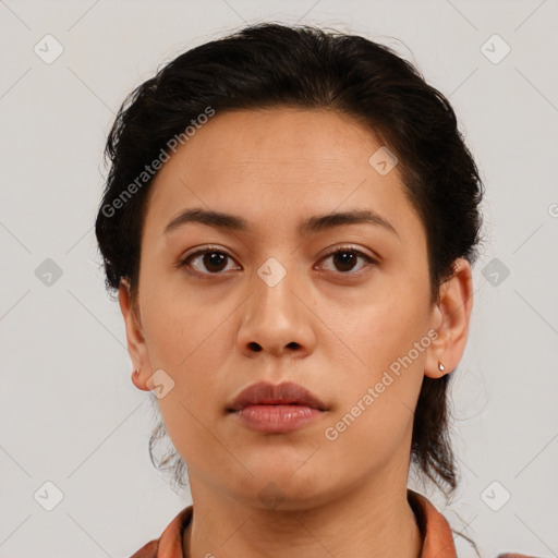 Neutral asian young-adult female with short  brown hair and brown eyes