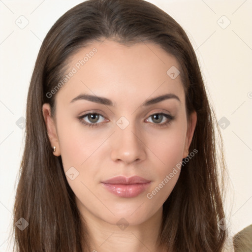 Neutral white young-adult female with long  brown hair and brown eyes