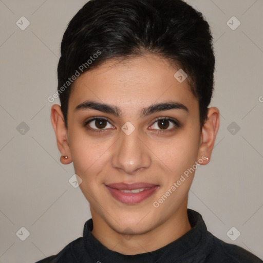 Joyful latino young-adult female with short  brown hair and brown eyes