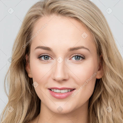 Joyful white young-adult female with long  brown hair and blue eyes