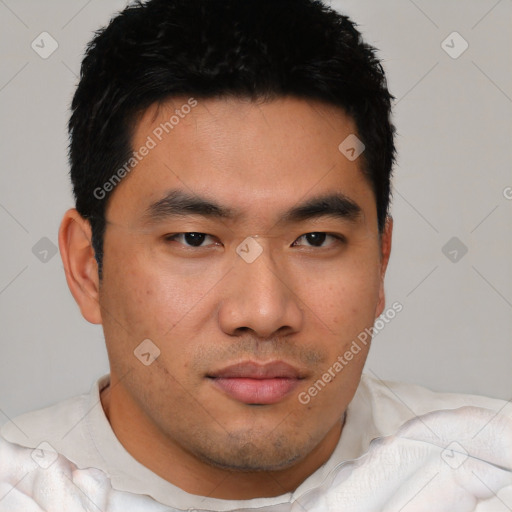 Joyful asian young-adult male with short  black hair and brown eyes