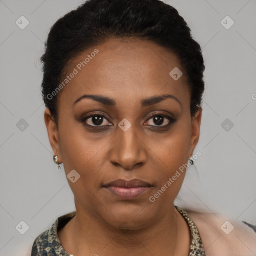 Joyful black young-adult female with short  black hair and brown eyes