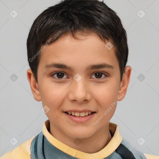 Joyful white child male with short  brown hair and brown eyes