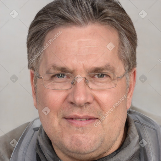 Joyful white middle-aged male with short  gray hair and grey eyes