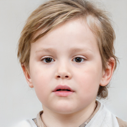 Neutral white child female with medium  brown hair and blue eyes