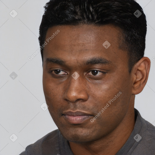Neutral black young-adult male with short  black hair and brown eyes