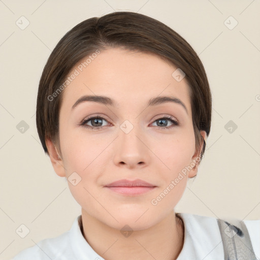 Neutral white young-adult female with short  brown hair and brown eyes