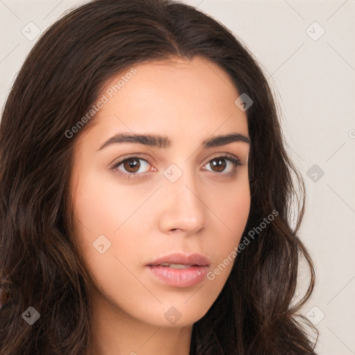 Neutral white young-adult female with long  brown hair and brown eyes