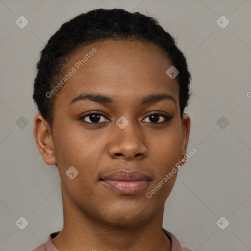 Neutral black young-adult female with short  brown hair and brown eyes